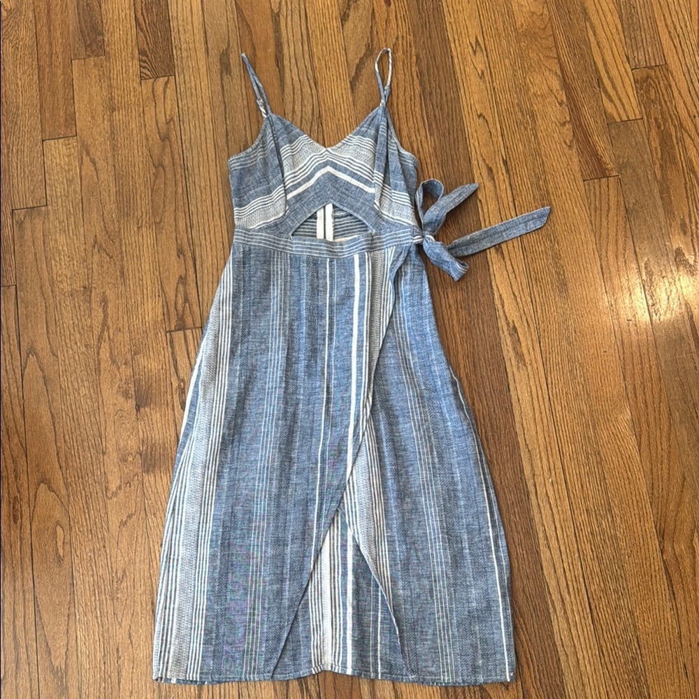 Express Blue Striped Wrap Midi Dress with Tie Waist and cutout